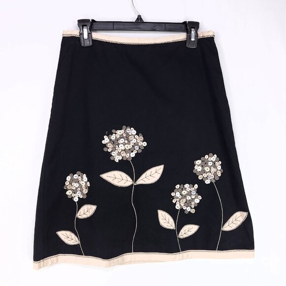 Boden A-Line Skirt 10UK (6US) Applique Button Flowers Detail Black Beige Trim - Picture 2 of 12